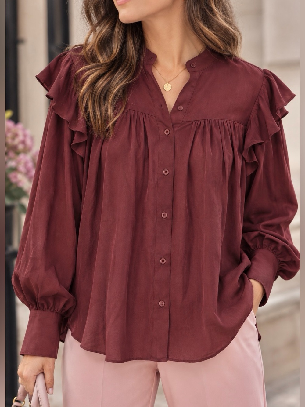Banana Republic Burgundy Ruffle Button Down Blouse Womens L Wine Red Top